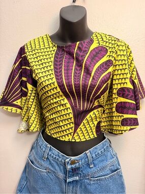 Vibrant Yellow & Purple Printed Flutter-Sleeve Crop Top